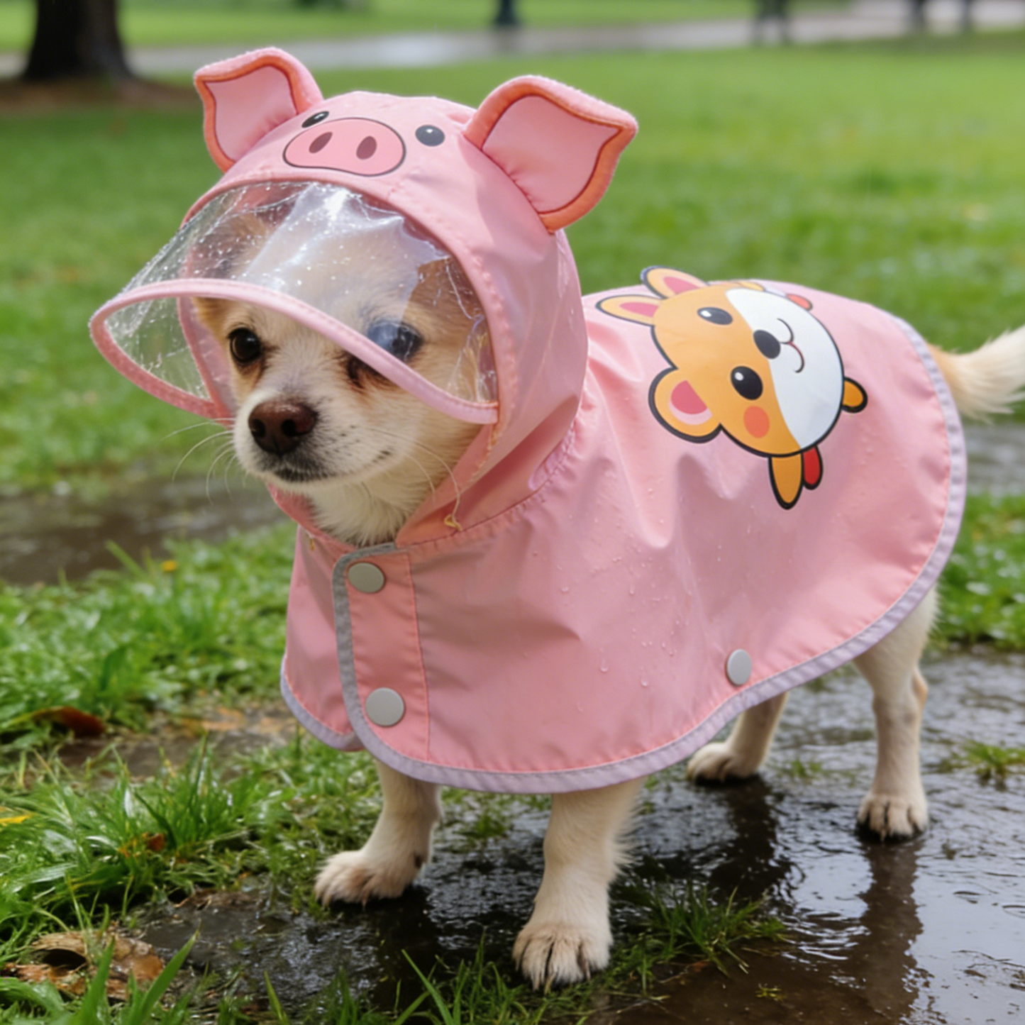 Cute Pig Design Dog Rain Poncho - Pink Waterproof Hooded Cape for Small Dogs
