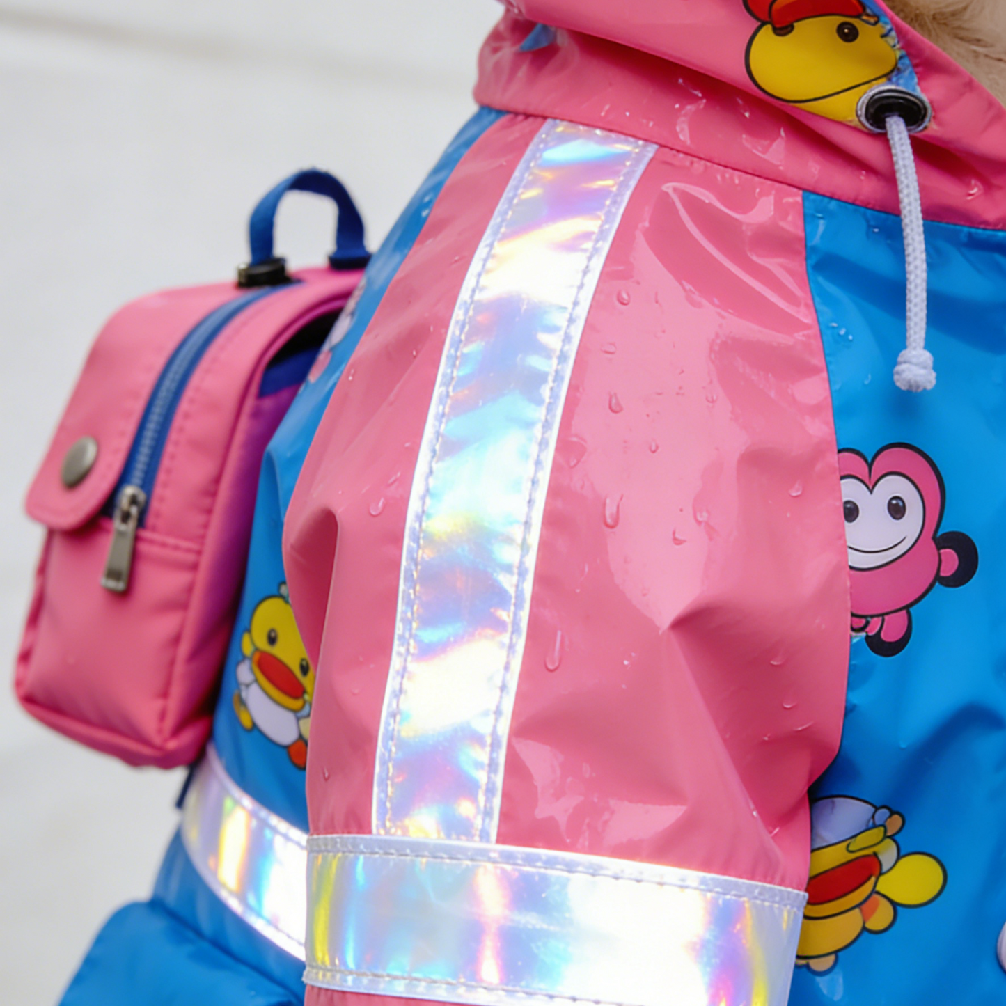 Cartoon Print Dog Raincoat with Backpack - Pink & Blue Waterproof Cape with Reflective Strips for Medium Dogs