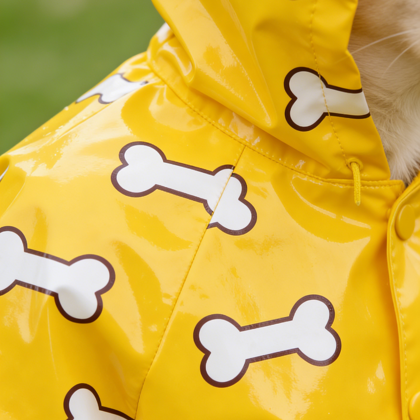 Classic Bone Print Dog Rain Poncho - Yellow Waterproof Hooded Cape with Furry Ears for Small/Medium Dogs