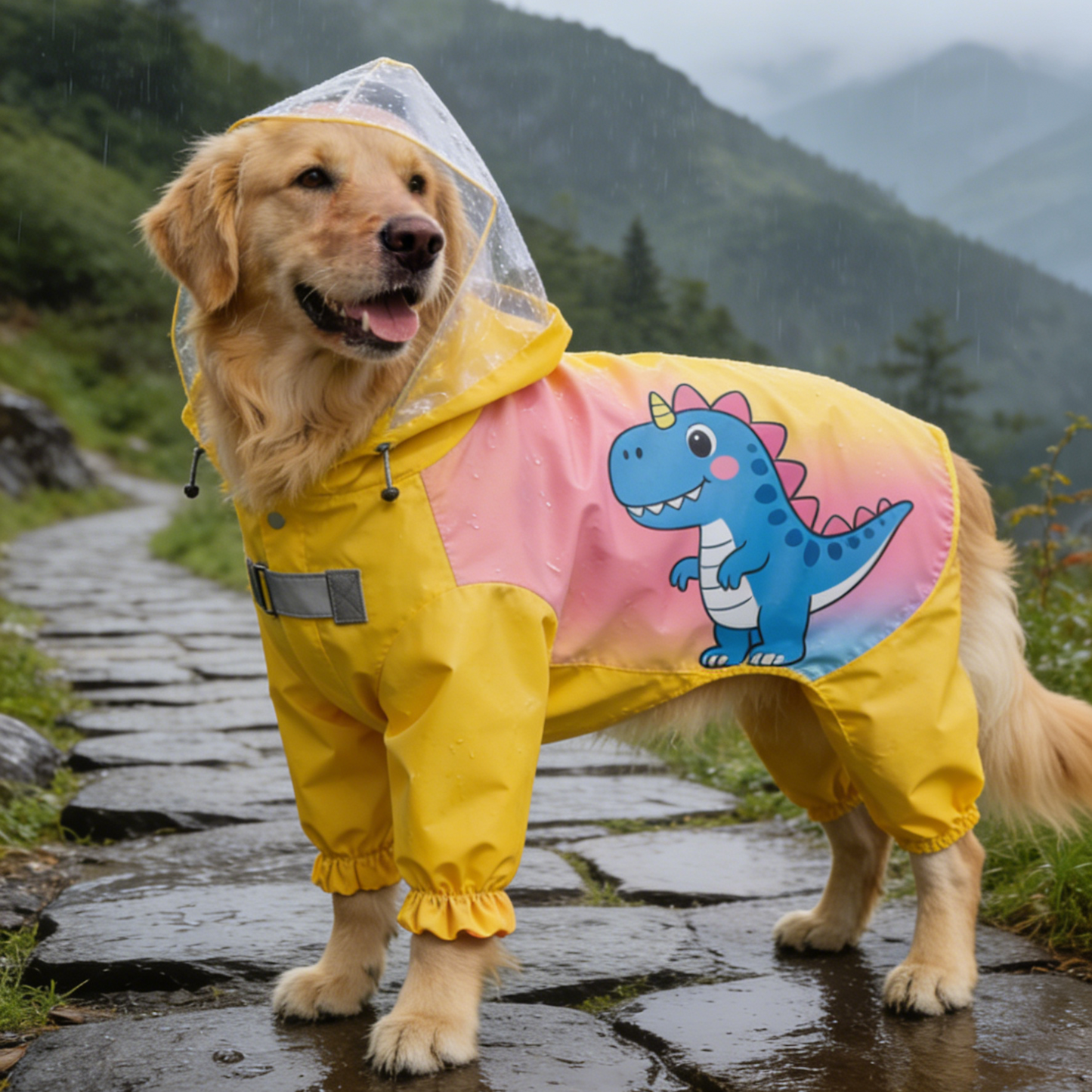 Cartoon Dinosaur Full Body Dog Raincoat - Yellow Pink Waterproof Jumpsuit for Medium Large Dogs