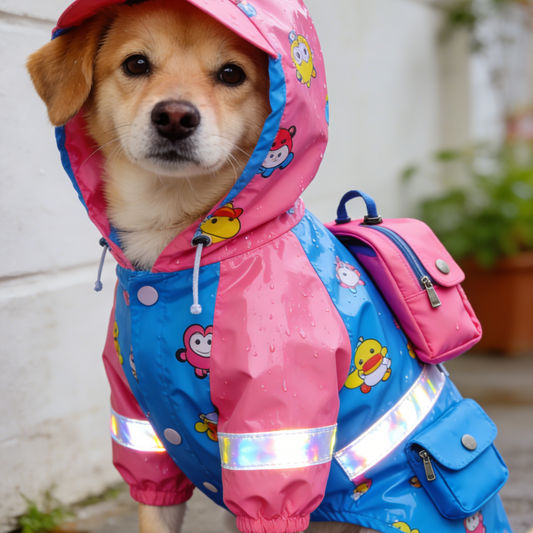 Cartoon Print Dog Raincoat with Backpack - Pink & Blue Waterproof Cape with Reflective Strips for Medium Dogs