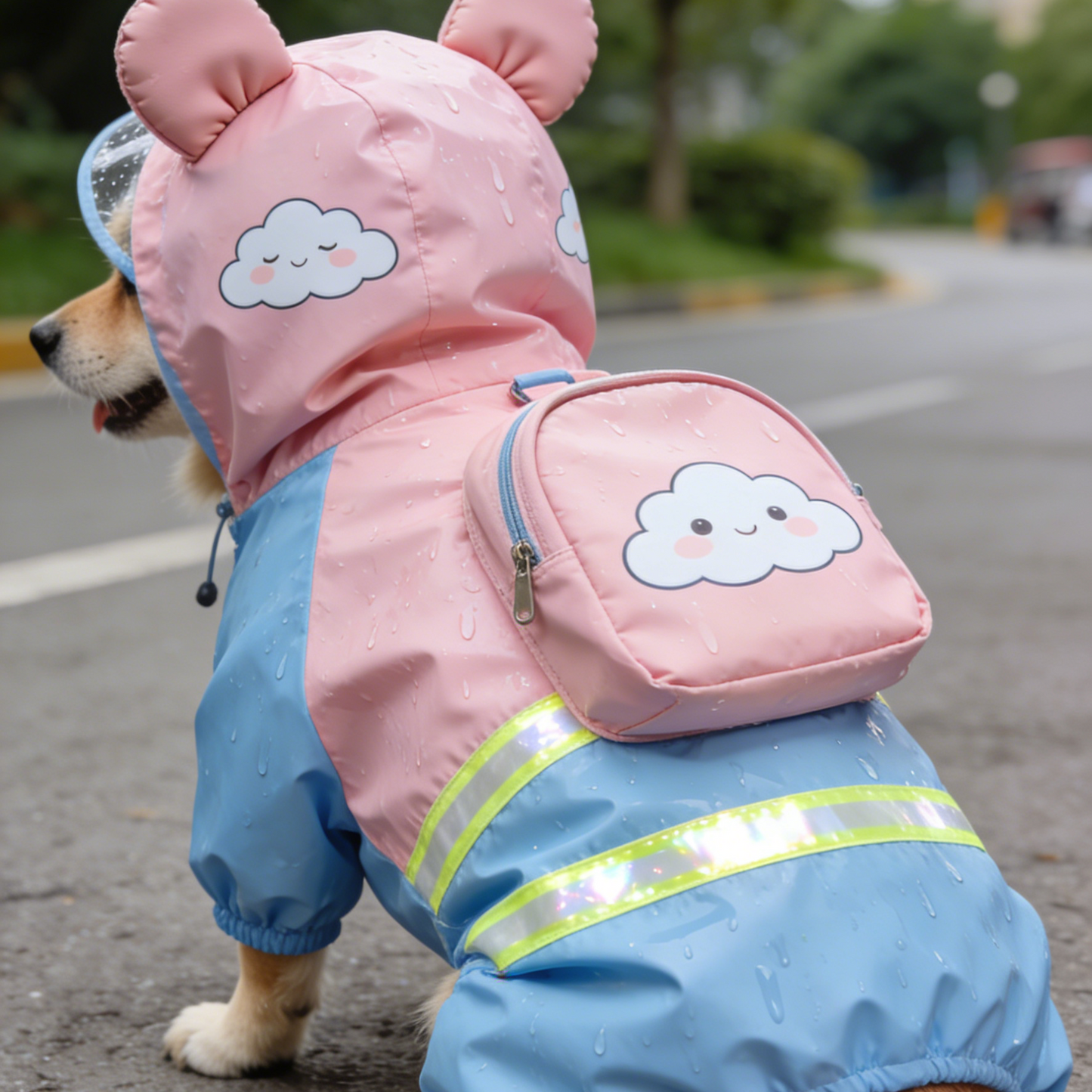 Cloud Bear Color Block Dog Raincoat - Pink Blue Full Body Waterproof Jumpsuit