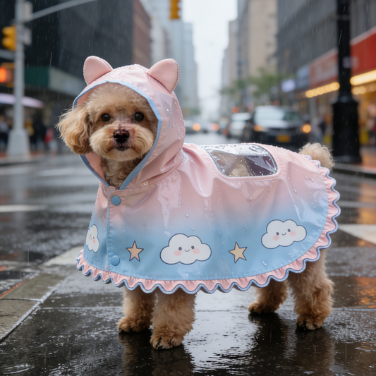 Gradient Cloud Star Dog Rain Poncho - Pink & Blue Hooded Waterproof Cape for Small Dogs