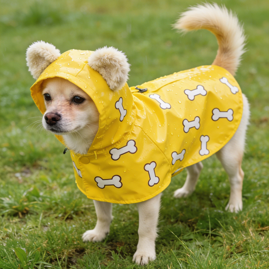Classic Bone Print Dog Rain Poncho - Yellow Waterproof Hooded Cape with Furry Ears for Small/Medium Dogs