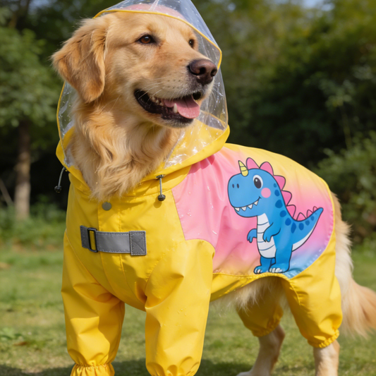 Cartoon Dinosaur Full Body Dog Raincoat - Yellow Pink Waterproof Jumpsuit for Medium Large Dogs