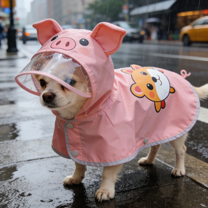 Cute Pig Design Dog Rain Poncho - Pink Waterproof Hooded Cape for Small Dogs